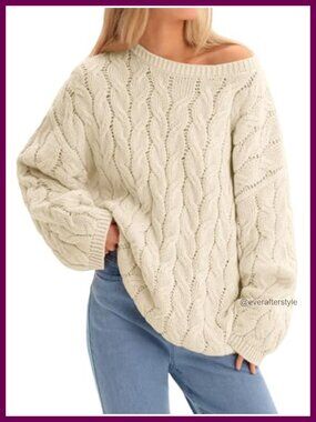 Women's Chunky Cable Knit Oversized Sweater Long Sleeve Crew Neck Pullover